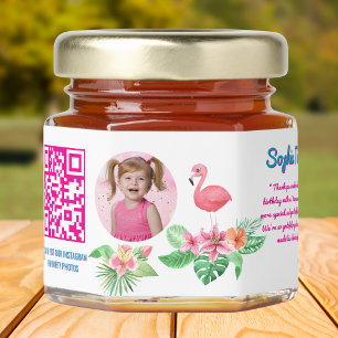Tropical Pink Flamingo Qr Code Kids Birthday Honey Jar Favors