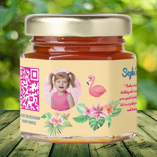 Tropical Pink Flamingo Qr Code Kids Birthday Honey Jar Favors (Creator Uploaded)