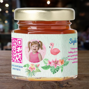 Tropical Pink Flamingo Qr Code Kids Birthday Honey Jar Favors