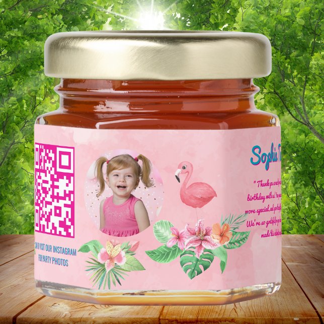 Tropical Pink Flamingo Qr Code Kids Birthday Honey Jar Favors (Creator Uploaded)