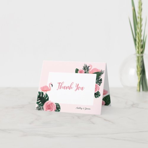 Tropical Pink Flamingo Rose Baby Shower Thank You Card
