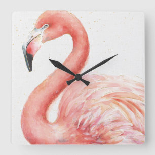 Tropical   Pink Flamingo Square Wall Clock