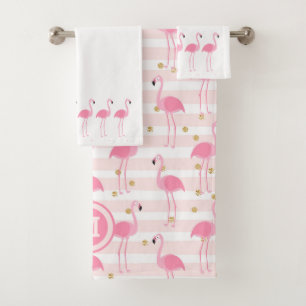 Tropical Pink Flamingo Stripe Monogram Bath Towel Set