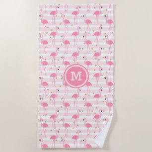 Tropical Pink Flamingo Stripe Pattern Monogram Beach Towel