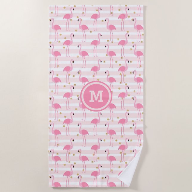 Tropical Pink Flamingo Stripe Pattern Monogram Beach Towel (Front)