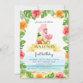 Tropical Pink Flamingo Summer Girl 1st Birthday Invitation (Front)