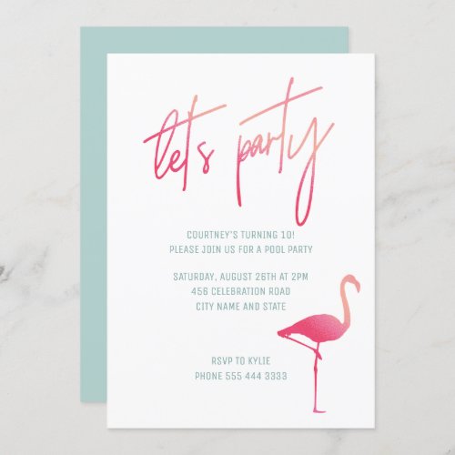 Tropical pink flamingo summer pool party invite