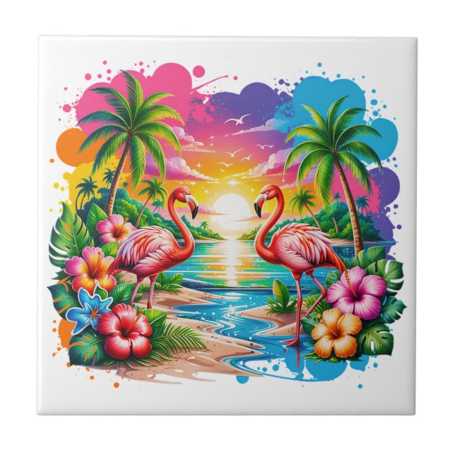 Tropical Pink Flamingo Sunset Paradise Art Ceramic Tile (Front)