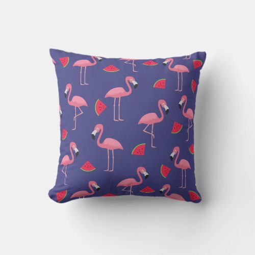 Tropical Pink Flamingo Watermelon Pattern Throw Pillow