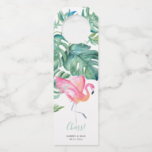 Tropical Pink Flamingo Wine Gifts Bottle Hanger Tag (Front)