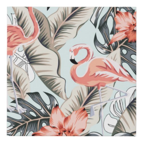 Tropical pink flamingo with orchid flowers and lea faux canvas print