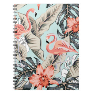 Tropical pink flamingo with orchid flowers and lea notebook