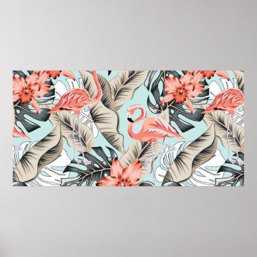 Tropical pink flamingo with orchid flowers and lea poster