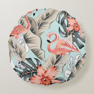 Tropical pink flamingo with orchid flowers and lea round pillow