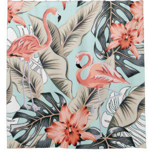 Tropical pink flamingo with orchid flowers and lea shower curtain