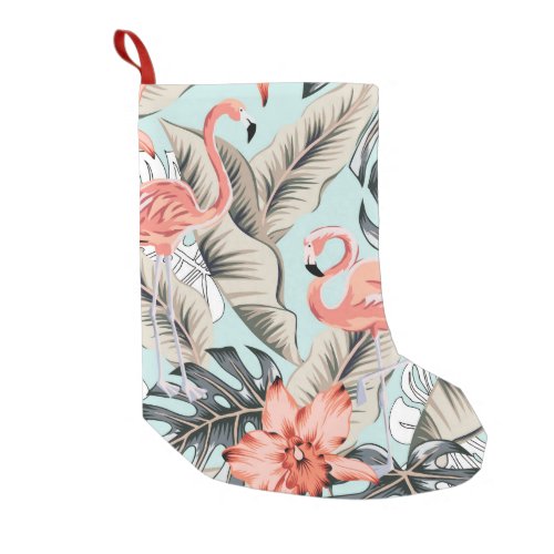 Tropical pink flamingo with orchid flowers and lea small christmas stocking