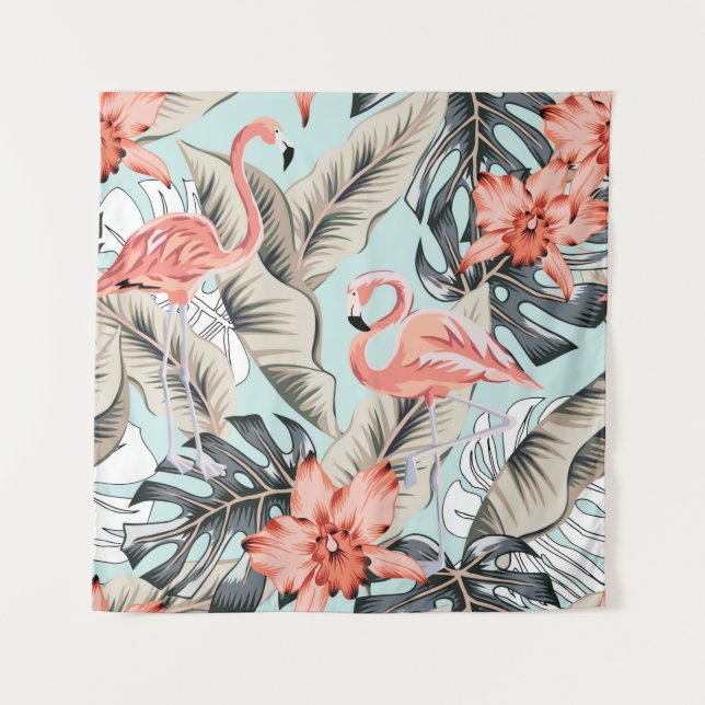 Tropical pink flamingo with orchid flowers and lea tapestry (Front)