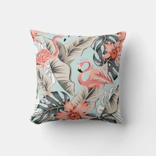 Tropical pink flamingo with orchid flowers and lea throw pillow