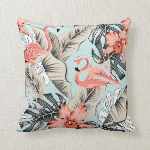 Tropical pink flamingo with orchid flowers and lea throw pillow