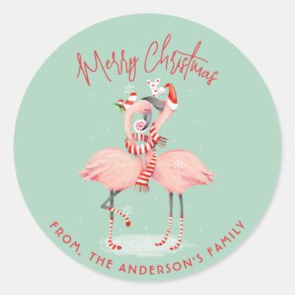 Tropical Pink Flamingo With Santa Hats Christmas
