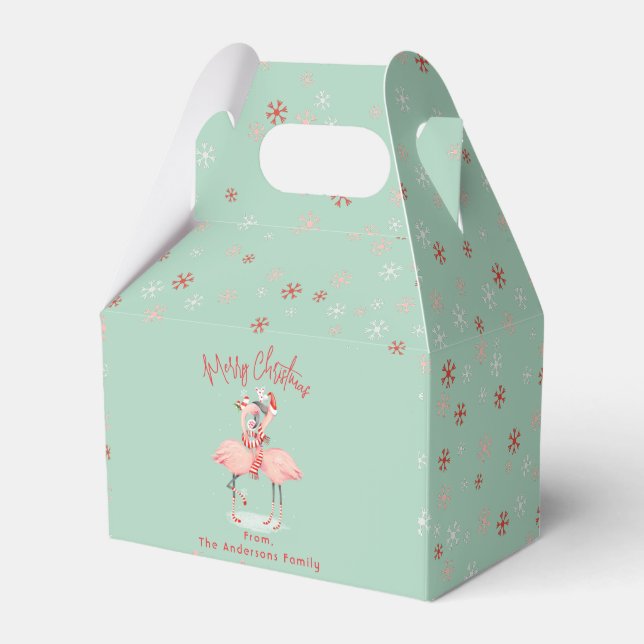 Tropical Pink Flamingo With Santa Hats Christmas Favor Boxes (Front Side)