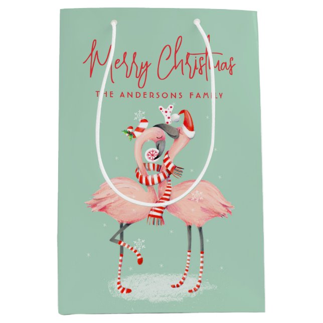 Tropical Pink Flamingo With Santa Hats Christmas Medium Gift Bag (Front)