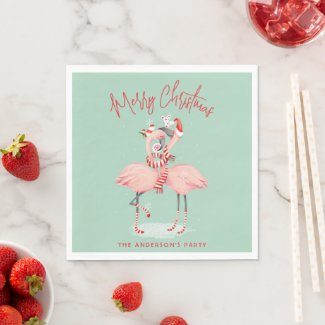 Tropical Pink Flamingo With Santa Hats Christmas