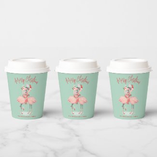 Tropical Pink Flamingo With Santa Hats Christmas