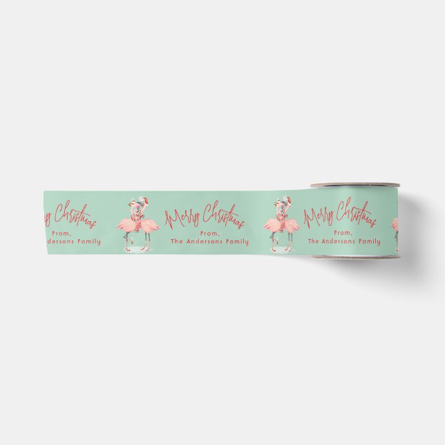 Tropical Pink Flamingo With Santa Hats Christmas Satin Ribbon (Front)