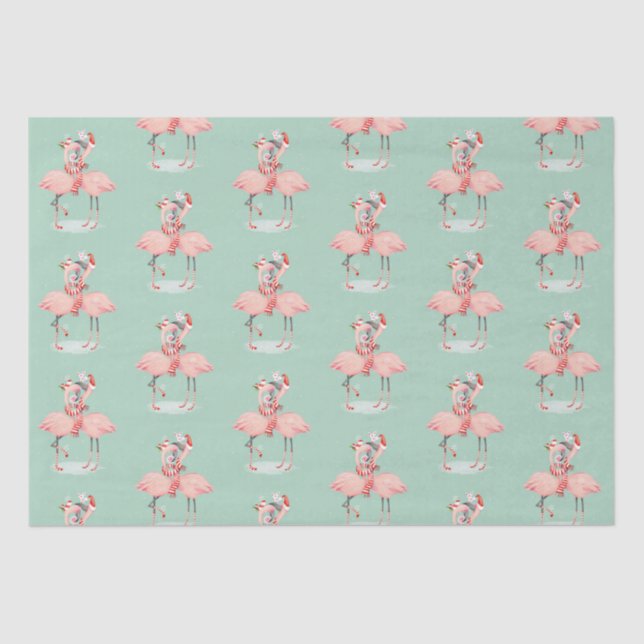 Tropical Pink Flamingo With Santa Hats Christmas Tissue Paper (Front)