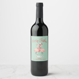 Tropical Pink Flamingo With Santa Hats Christmas Wine Label