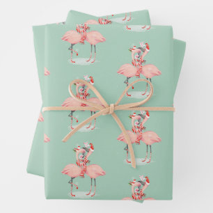 Tropical Pink Flamingo With Santa Hats Christmas Wrapping Paper Sheets