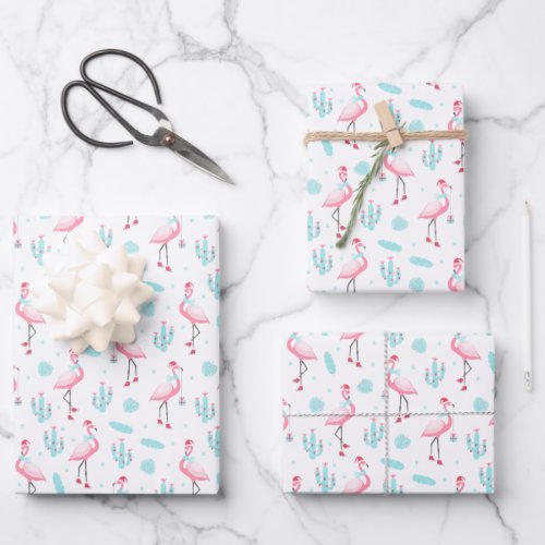 Tropical Pink Flamingoes  Christmas Cactus Wrapping Paper Sheets