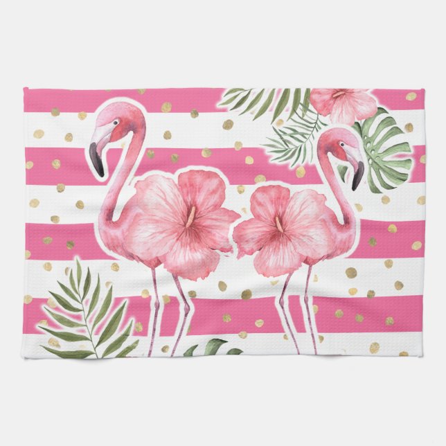 Tropical Pink Flamingos Floral Gold Polka Dots Kitchen Towel (Horizontal)