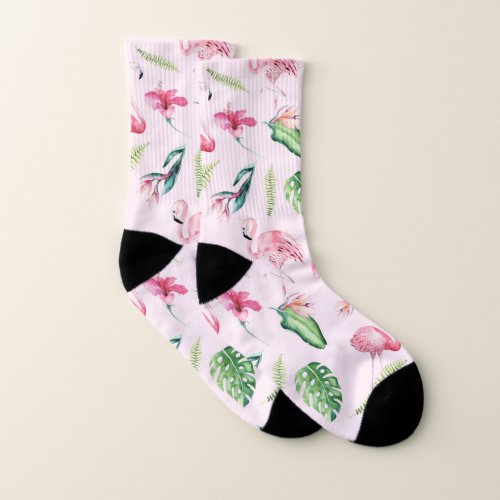 Tropical Pink Flamingos  Flowers Floral Chic Socks