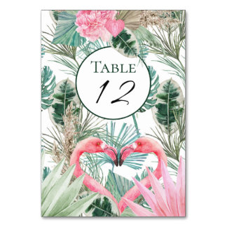 Tropical Pink Flamingos Flowers Wedding Table Number