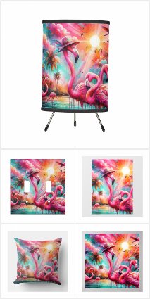 Tropical Pink Flamingos in Sunset Home Decor