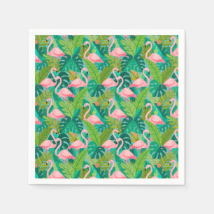 Tropical Pink Flamingos Jungle Foliage Napkins