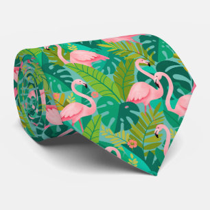 Tropical Pink Flamingos Jungle Foliage Neck Tie