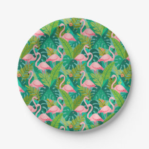 Tropical Pink Flamingos Jungle Foliage Paper Plates