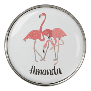 Tropical Pink Flamingos Lady Golfer with Name Golf Ball Marker