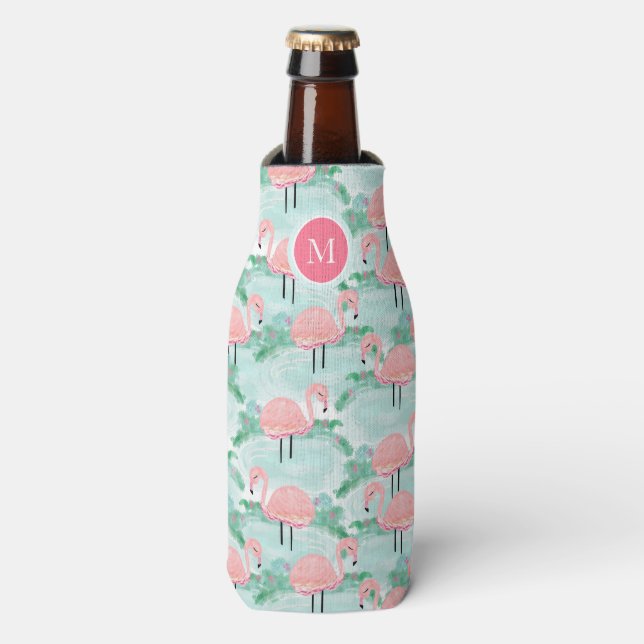 Tropical Pink Flamingos Lagoon Personalized Bottle Cooler (Bottle Front)
