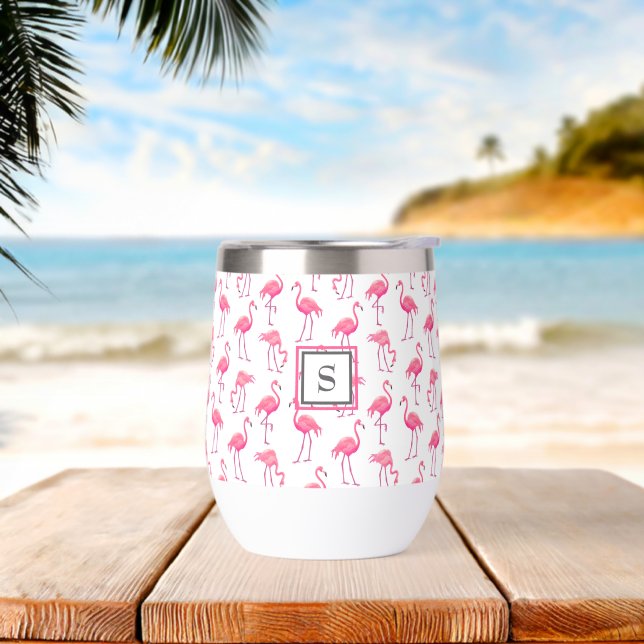 Tropical Pink Flamingos Monogrammed Initial Thermal Wine Tumbler (Beach)