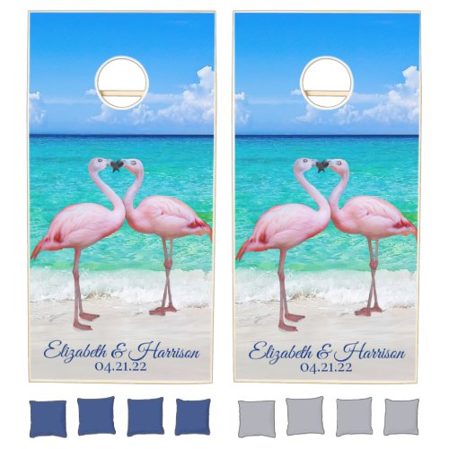 Tropical Pink Flamingos Ocean Beach Scene Wedding Cornhole Set