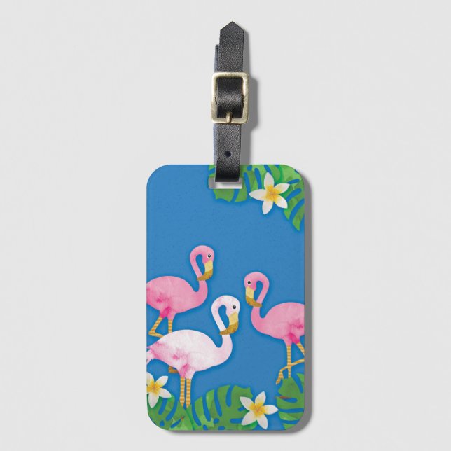 Tropical Pink Flamingos on Blue Luggage Tag (Front Vertical)