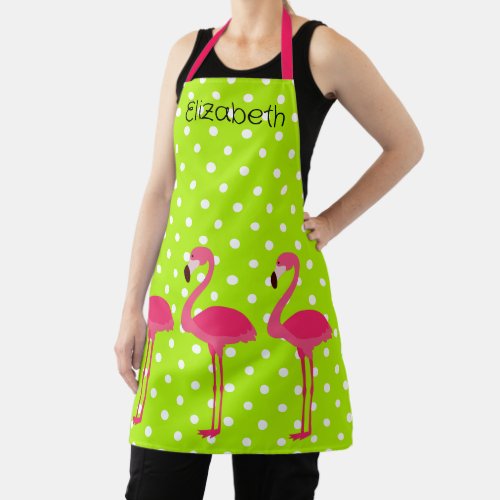 Tropical Pink Flamingos on Polka Dots Apron