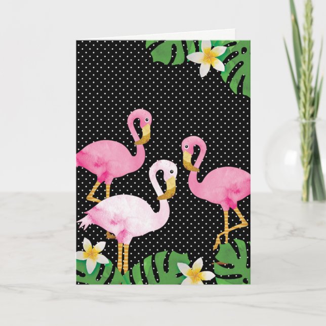 Tropical Pink Flamingos on Polka Dots Card (Front)