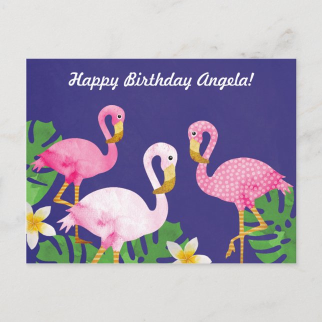 Tropical Pink Flamingos on Purple Postcard (Front)