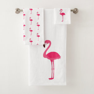 Tropical Pink Flamingos on White Bath Towel Set
