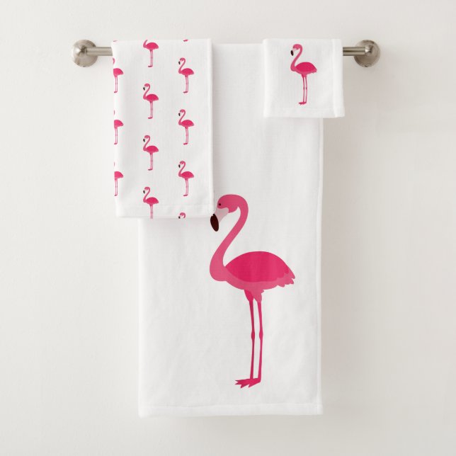 Tropical Pink Flamingos on White Bath Towel Set (Insitu)